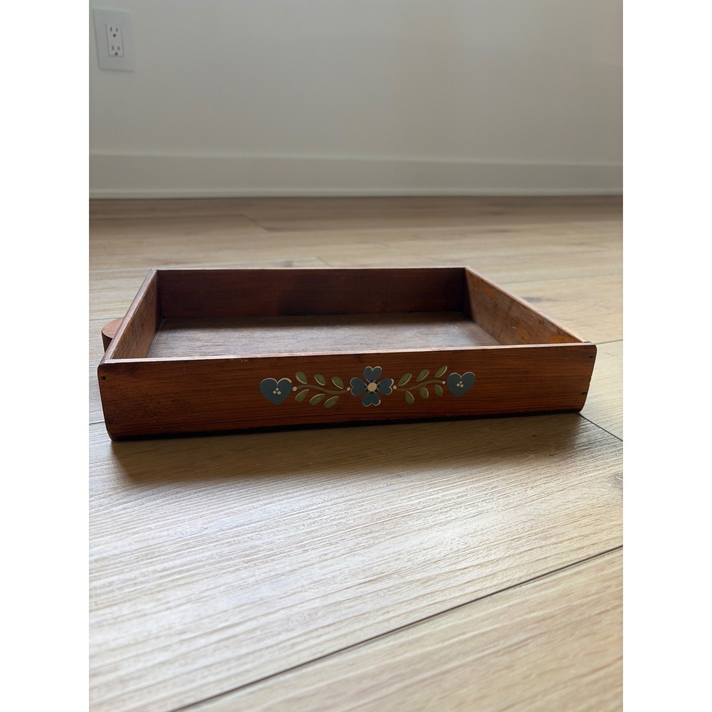 Vintage Wood Serving Tray Hand Painted Art Floral Hearts Rectangle cottage core
